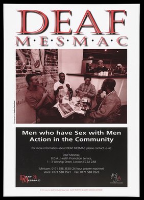 Four men of different cultures sit around a table in a cafe signing to each other, an advertisement by Deaf Mesmac. Colour lithograph, 1996.