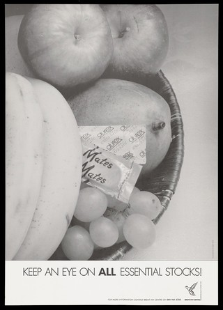 Two packs of condoms sit among a bowl of fruit representing an advertisement for the Brent HIV Centre. Lithograph.