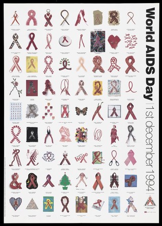 Versions of the red ribbon symbol by artists from around the world representing an advertisement for World Aids Day by the National Aids Trust. Colour lithograph, 1994.