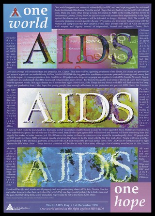 The word 'AIDS' appearing three times against backgrounds including a world map; an advertisement for World Aids Day, 1st December 1996. Colour lithograph, 1996.