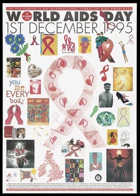 A large red ribbon decorated with hearts in the centre of numerous other artistic impressions of the red ribbon symbol representing an advertisement for World Aids Day by the National Aids Trust. Colour lithograph, 1995.