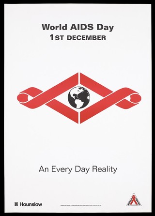 Two horizontal red ribbons surround a globe of the world representing an advertisement for World Aids Day 1st December 1994 by Hounslow Council. Colour lithograph, 1994.