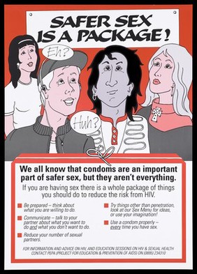 Two cartoon figures of women and two men look up at a sign announcing 'Safer sex is a package': an advertisement for HIV and sexual health education. Colour lithograph.