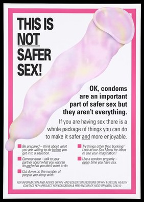 A large pink condom representing an advertisement for HIV and sexual health education. Colour lithograph.