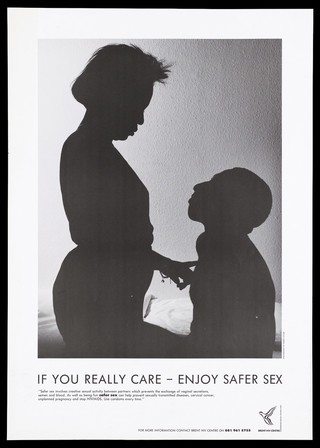 A bedroom in which a woman stands with her hand touching the chest of a man in silhouette; an advertisement for the Brent HIV centre. Lithograph.