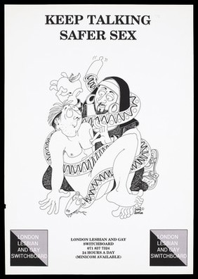 A bearded man in earrings and a nun's uniform holding an apple while tweaking the nipple of a naked man; a snake entwines the two figures; an advertisement for the London Lesbian and Gay Switchboard. Lithograph.