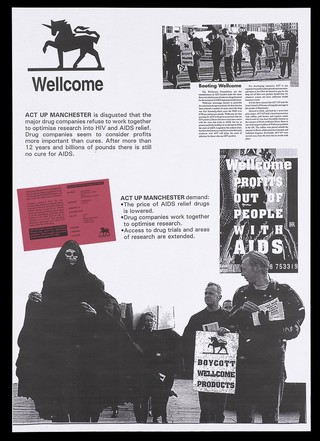 Compilation of newspaper cuttings including a group of protesters; one wears a death mask and cloak, another carries a banner with the slogan: 'Boycott Wellcome products''; an advertisement for the campaign Act Up Manchester in support of care for those with AIDS. Black and white photocopy with red.