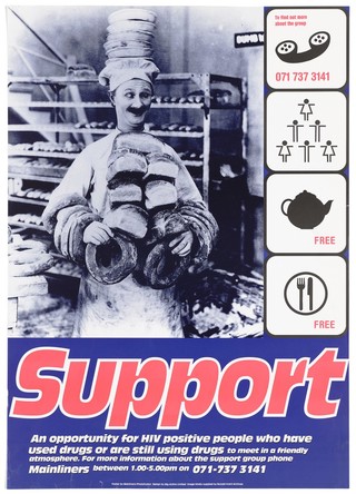 A baker supports pies on his head while holding loaves and doughnuts; with four symbols of support (telephone, human pyramid, teapot, knife and fork); representing support for HIV positive people. Colour lithograph by Photofusion and Big-Active Limited for Mainliners, 1990/1995.