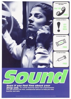 An Asian woman in a telephone box listening to the telephone, four symbols of sound or soundness (telephone, exclamation mark with telephone number, condom and syringe); representing support for HIV positive drug-users. Colour lithograph by Photo Co-op, Glover/Huges and Big-Active Ltd. for Mainliners, 1990/1995.