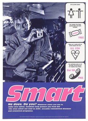 A style-conscious black man holds up a packet of condoms, with symbols (man and woman, condom, British standard kitemark, telephone handset) representing "smart" ways to prevent AIDS. Colour lithograph by Photo Co-op, Glover/Hughes and Big-Active Ltd. for Mainliners, 1990/1995.