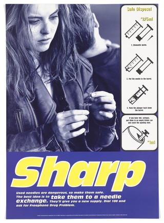 A woman holding a needle (a "sharp") and syringe, with diagrams for safe disposal of used needles; representing services of Mainliners for people at risk of AIDS. Colour lithograph by Photo Co-op, Glover/Hughes and Big Active Ltd. for Mainliners, 1990/1995.