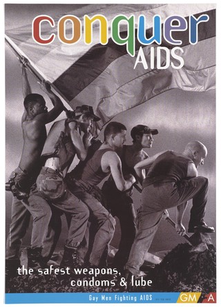 Five men hold a flag which they use to dig; advertisement for gay men to use precautions by Gay Men Fighting Aids. Colour lithograph.