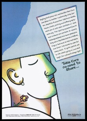 A face with nose and ear ring and flower tattoo with block of text explaining risks of body piercing; an advertisement for the National Aids Helpline by the Liverpool Health Promotion Agency. Colour lithograph, 1994.