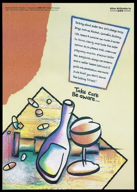 A bottle and a glass with drugs on a table; an advertisement for the National Aids Helpline by the Liverpool Health Promotion Unit. Colour lithograph, 1994.