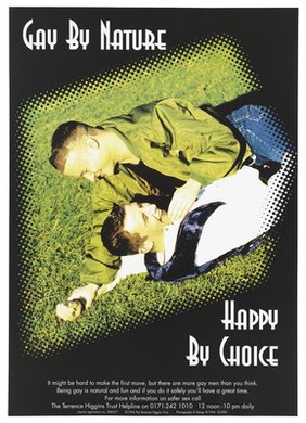 One man lies on top of another lying on grass in an image pixelated at the edge; an advertisement for the Terrence Higgins Trust helpline for advice about AIDS. Colour lithograph, 1994.