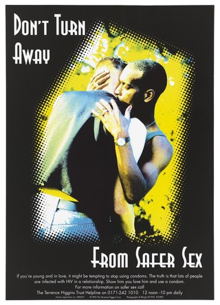 Two men caressing in an image pixelated at the edge; an advertisement for the Terrence Higgins Trust helpline for advice about safe sex in AIDS prevention. Colour lithograph, 1994.