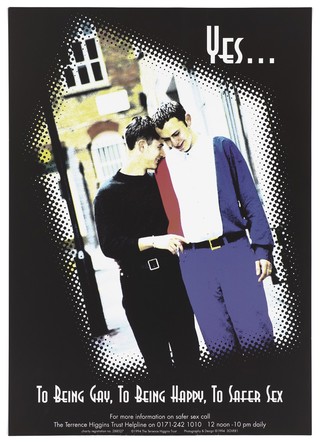Two men walk down a street with heads together in an image pixelated at the edge; an advertisement for the Terrence Higgins Trust helpline for advice about safe sex in AIDS prevention. Colour lithograph, 1994.