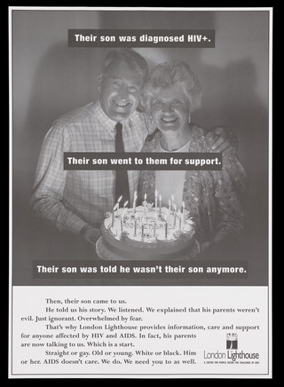 A couple hold up a cake lit with candles bearing the words 'Happy Anniversary'; advertisement for the support provided by the London Lighthouse centre for those affected by HIV and AIDS. Lithograph.