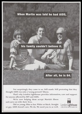 An older couple sit with their son to advertise the support provided by the London Lighthouse centre for those affected by HIV and AIDS. Lithograph.