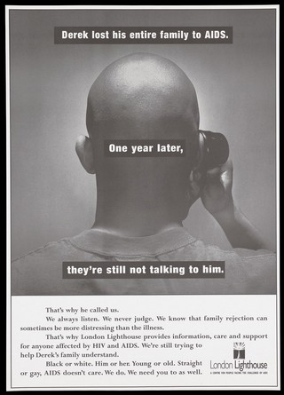 The head of a bald man holding a phone to his ear; representing support provided by the London Lighthouse centre for those affected by HIV and AIDS. Lithograph.