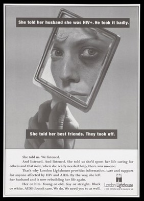 A hand holding a square mirror reflecting the face of a woman with a black eye; advertisement for the support provided by the London Lighthouse centre for those affected by HIV and AIDS. Lithograph.