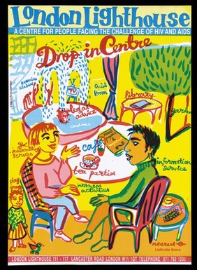 A man and woman sit in discussion at a table surrounded by illustrations and text relating to the services provided by the London Lighthouse centre for those with AIDS and HIV. Colour lithograph, 1991.