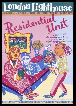 A man lies on a bed next to a woman reading as another woman approaches with a bunch of flowers representing the residential unit of the London Lighthouse centre for those with AIDS and HIV. Colour lithograph.