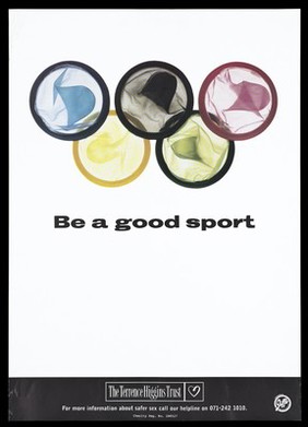 Two rows of coloured condoms resembling the Olympic logo; advertisement for safer sex by the Terrence Higgins Trust for those affected by HIV/AIDS. Colour lithograph, ca. 1998.