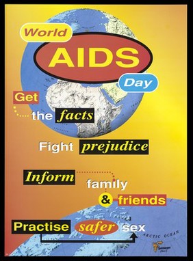 Two world globes advertising World AIDS day. Colour lithograph.