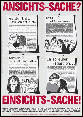 A notice board on which are pinned four lessons on how young people should behave to avoid AIDS. Colour lithograph, 199-.