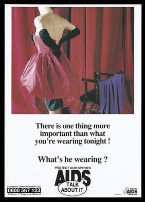 A woman with long black gloves secures the zip of her sleeveless red dress; promotion for safe sex by the Highland Aids Resource Centre. Colour lithograph.