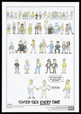 Numerous figures laid out in the form of a family tree; advertisement for safe sex by Scottish Aids Monitor. Colour lithograph, 1991.