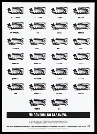 Opened packets of condoms with the names of women sex partners; advertisement for safe sex by Scottish Aids Monitor. Lithograph.
