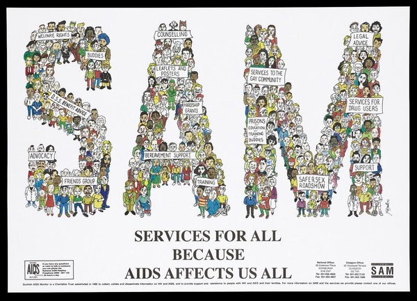 Numerous figures form the word 'SAM'; advertisement for services offered by the Scottish Aids Monitor. Colour lithograph by J. P. Smith, 1992.