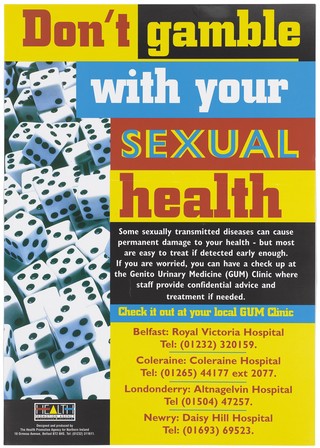 Dice representing gambling with health; an advertisement for the Genito Urinary Medicine Clinic (GUM) for treatment and advice on sexually transmitted diseases like Aids by The Health Promotion Agency for Northern Ireland. Colour lithograph.