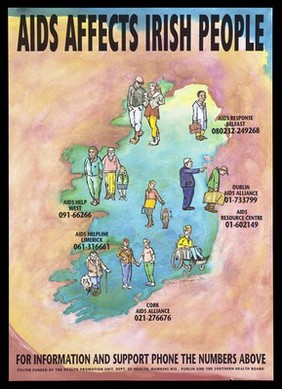 A map of Ireland with figures and Aids helpline numbers; advertisement by the Southern Health Board. Colour lithograph by Kieran O'Connor, November 1992.