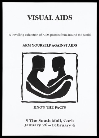 Two black shapes in the form of figures with their arms wrapped around each other representing an advertisement for an exhibition about Aids posters at The South Mall, Cork. Lithograph.