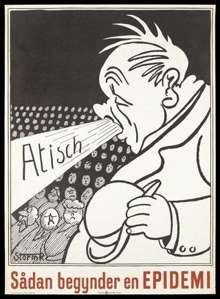A man in a darkened theatre or cinema coughs and sneezes over other members of the audience, starting an epidemic of colds. Colour lithograph after R. Storm Petersen, 194-.