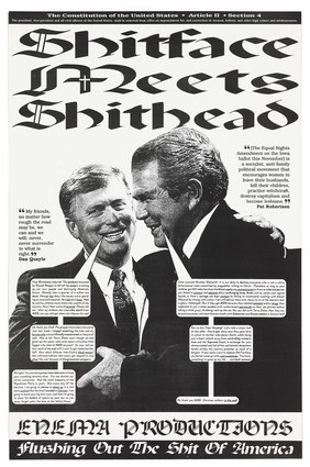 Rev. Pat Robertson converses with Vice-President Dan Quayle with numerous speech bubbles; a protest against their policies including those relating to AIDS. Lithograph.