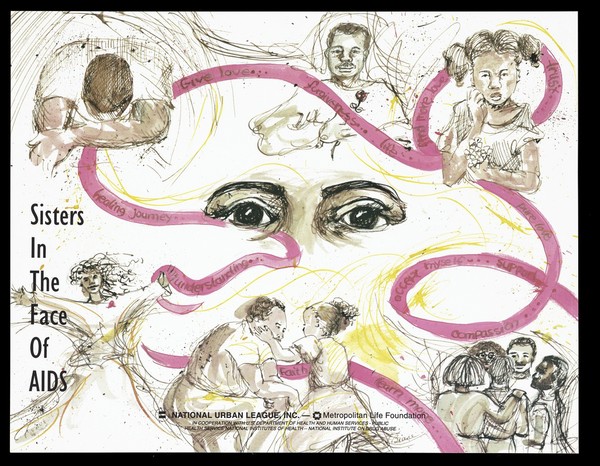 Two eyes above a woman and child and other illustrations of groups of black people interwoven with a red banner bearing words including 'give love' and 'compassion'; advertisement by the National Urban League, Inc. for those with or affected by AIDS. Colour lithograph.