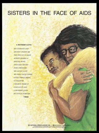 A black woman with glasses wraps her arms around a boy; advertisement by the National Urban League, Inc for those with or affected by AIDS. Colour lithograph by P. Beane.