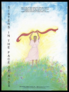 A black woman stands in a field with flowers holding a red ribbon above her head with the sun behind; advertisement by the National Urban League, Inc for those with or affected by AIDS. Colour lithograph by P. Beane.