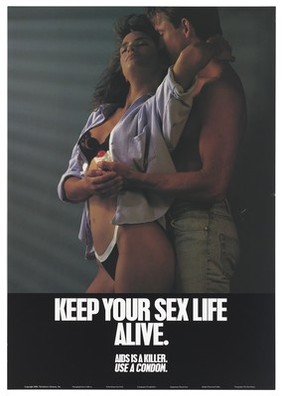A woman in black underwear and an open shirt is embraced by a man holding a condom; advertisement for safe sex and condoms by Turtledove Clemens, Inc. Colour lithograph 1988.