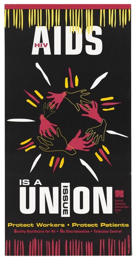 A circle of joining hands with radiating coloured marks; advertisement by the Service Employees International Union for employee protection against infections like AIDS. Colour lithograph by Diane Sunseri, 1994.