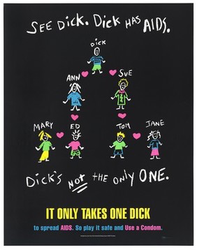 Seven figures with names laid out in the form of a family tree joined by pink hearts; promotion for safe sex and use of condoms. Colour lithograph.