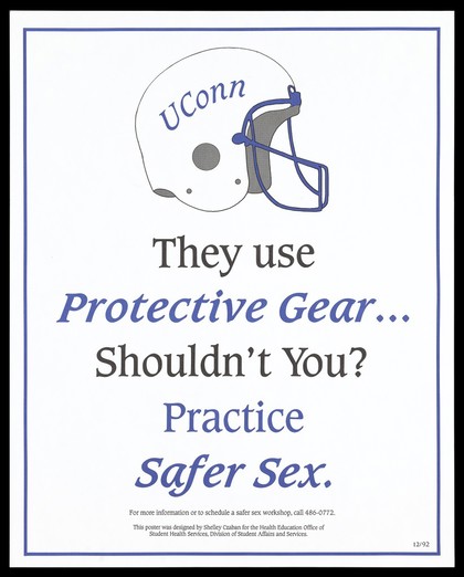 A motorbike helmet inscribed with the letters 'UConn'; promotion for use of protection and safe sex by the Student Health Services. Colour lithograph by Shelley Czaban, 1992.