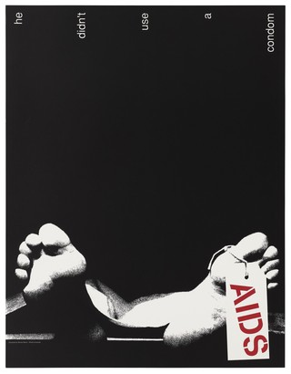 The feet of a corpse with a morgue-label 'AIDS' around the right toe; warning about the risk of dying from AIDS after not using condoms. Colour lithograph by Renee Martin, ca. 1996.
