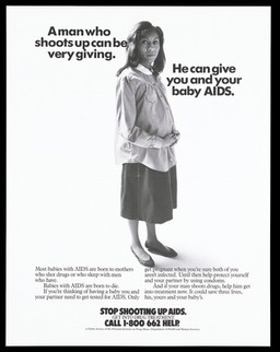 A pregnant black woman wearing a white collared striped shirt with a warning about the dangers of drug taking and the risk of AIDS; advertisement for drug treatment by the National Institute on Drug Abuse. Lithograph.