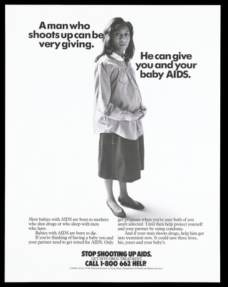 A pregnant black woman wearing a white collared striped shirt with a warning about the dangers of drug taking and the risk of AIDS; advertisement for drug treatment by the National Institute on Drug Abuse. Lithograph.