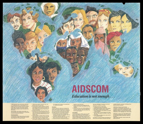 Numerous faces make up a map of the world; representation of AIDSCOM, a project to educate the public about AIDS. Colour lithograph by Siguenza, 1988.